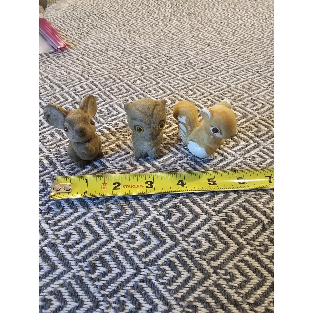 Vintage Lot Of 3 Flocked Animal Figurines- Owl Squirrel And Fawn